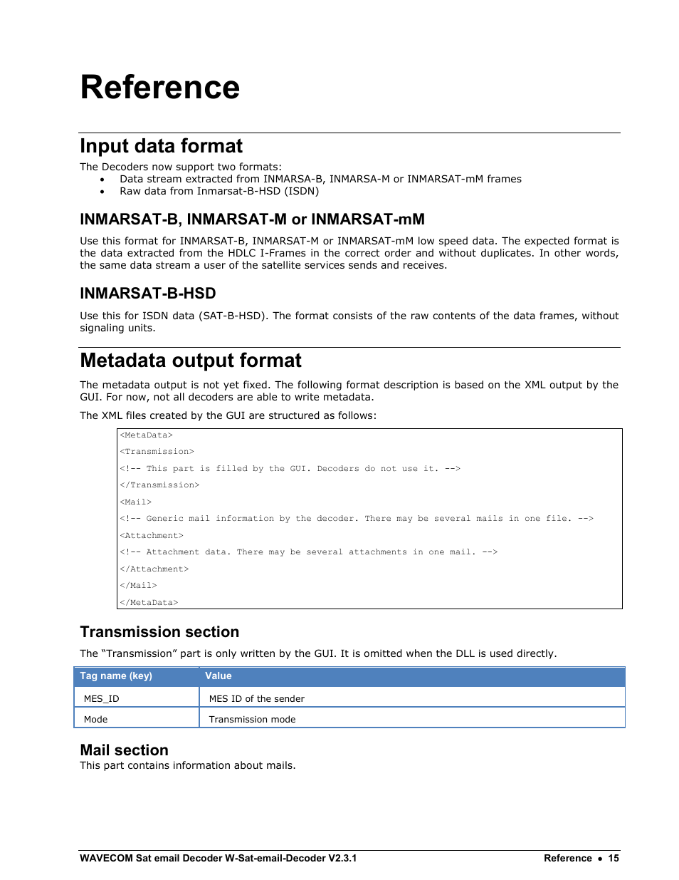 Reference, Input data format, Inmarsat-b, inmarsat-m or inmarsat-mm | Inmarsat-b-hsd, Metadata output format, Transmission section, Mail section | Wavecom W-Sat-email-Decoder V2.3.1 User Manual | Page 19 / 37