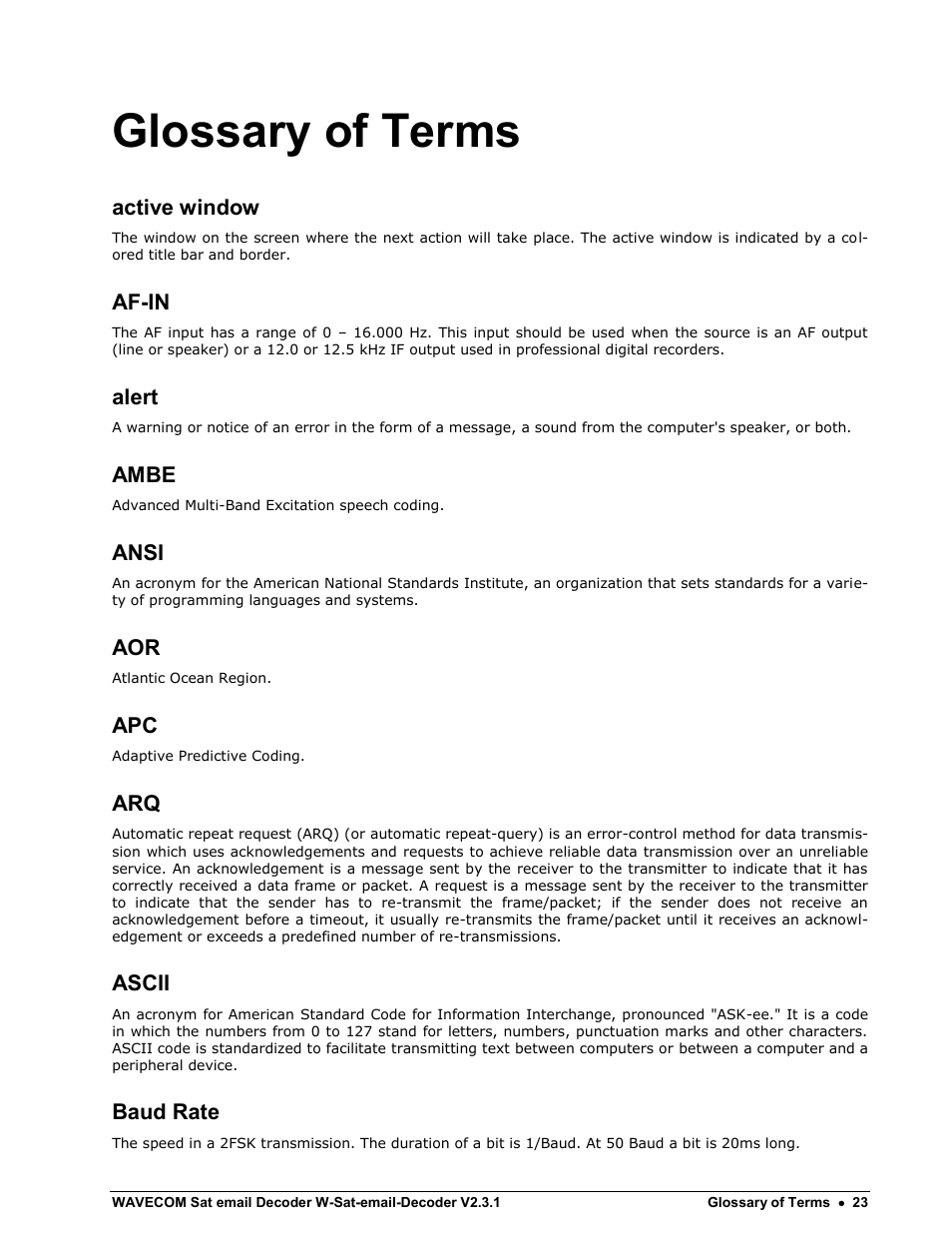Glossary of terms | Wavecom W-Sat-email-Decoder V2.3.1 User Manual | Page 27 / 37