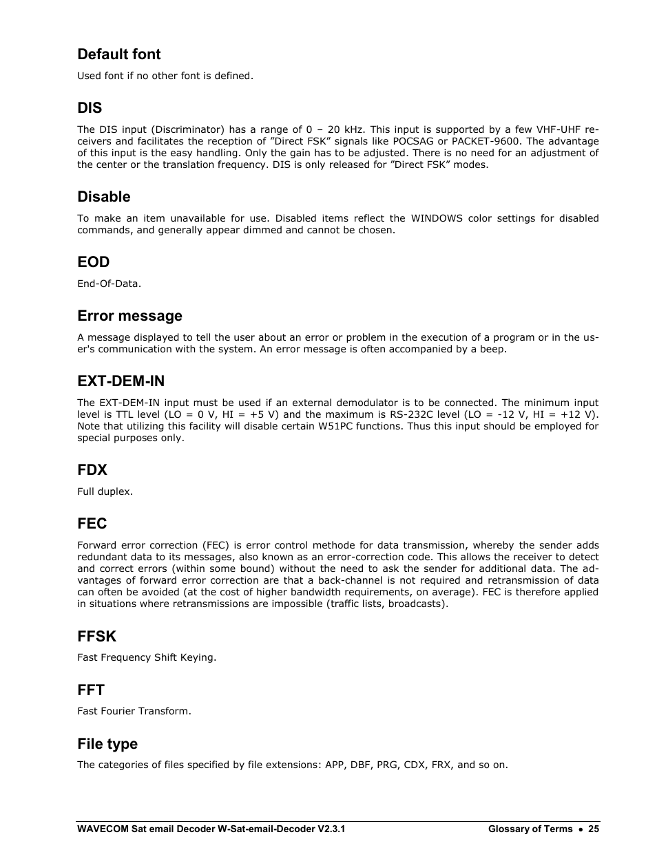 Default font, Disable, Error message | Ext-dem-in, Ffsk, File type | Wavecom W-Sat-email-Decoder V2.3.1 User Manual | Page 29 / 37