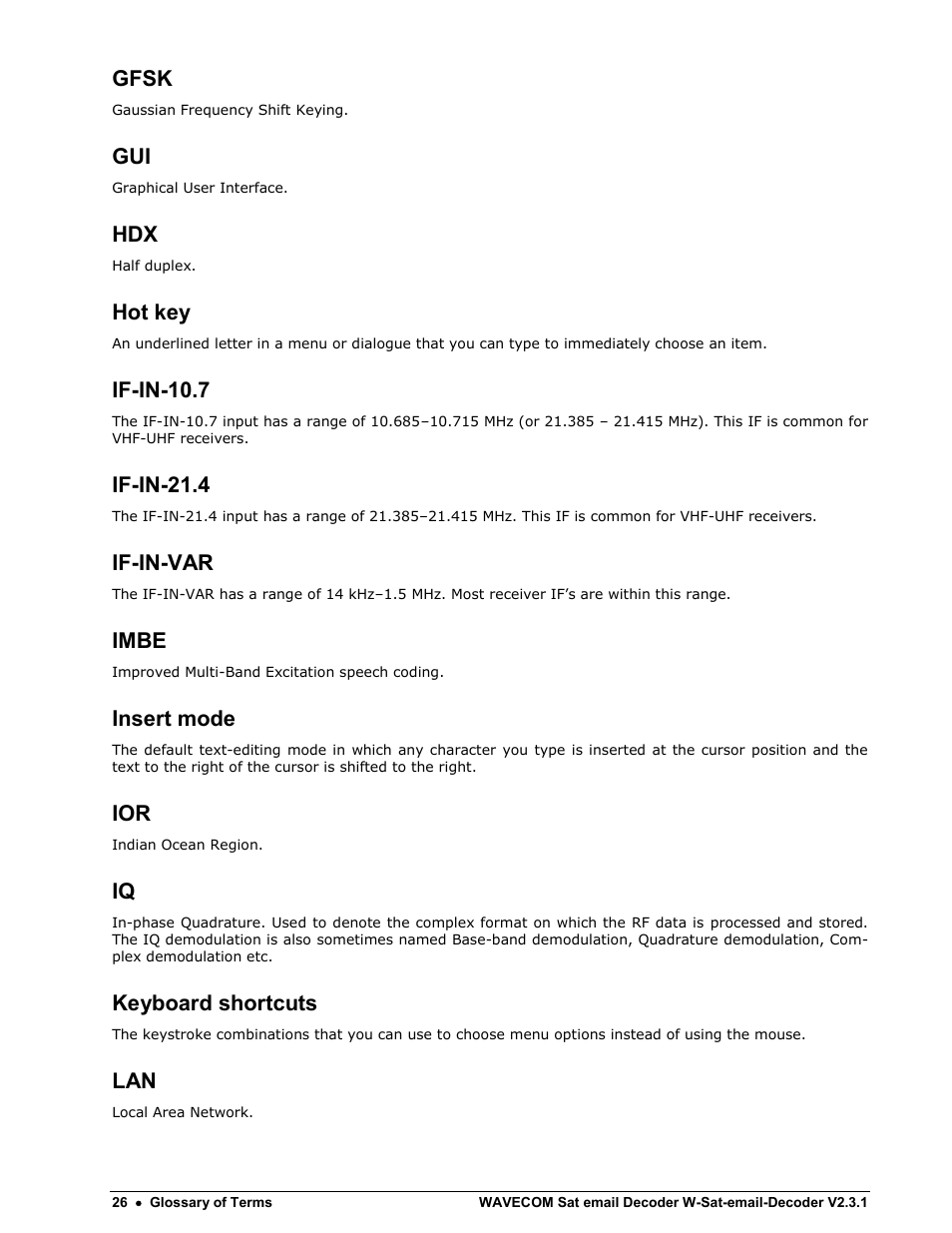 Gfsk, Hot key, If-in-10.7 | If-in-21.4, If-in-var, Imbe, Insert mode, Keyboard shortcuts | Wavecom W-Sat-email-Decoder V2.3.1 User Manual | Page 30 / 37