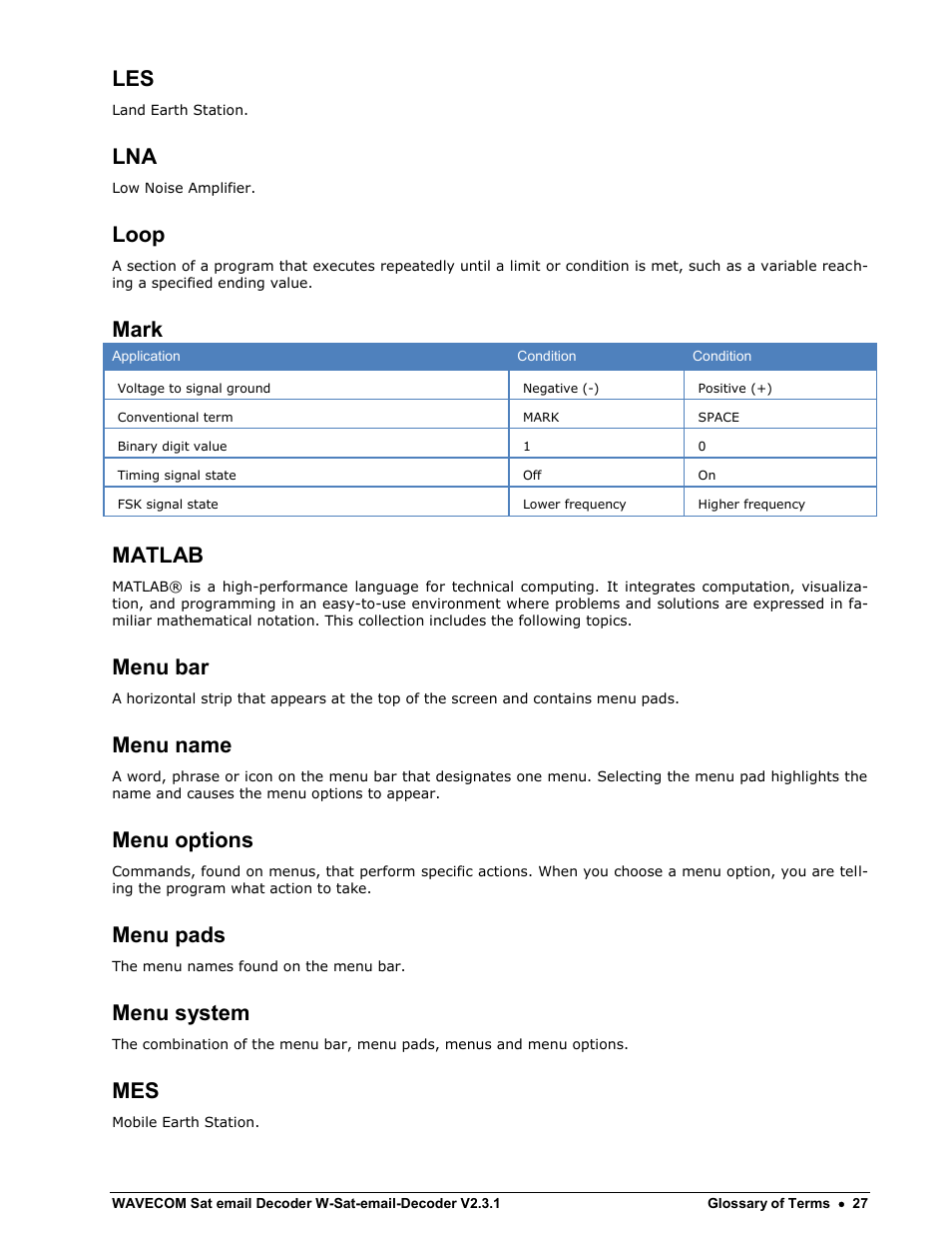 Loop, Mark, Matlab | Menu bar, Menu name, Menu options, Menu pads, Menu system | Wavecom W-Sat-email-Decoder V2.3.1 User Manual | Page 31 / 37