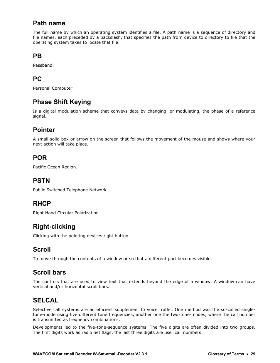 Path name, Phase shift keying, Pointer | Pstn, Rhcp, Right-clicking, Scroll, Scroll bars, Selcal | Wavecom W-Sat-email-Decoder V2.3.1 User Manual | Page 33 / 37