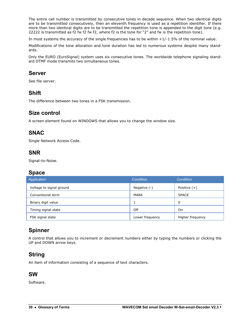 Server, Shift, Size control | Snac, Space, Spinner, String | Wavecom W-Sat-email-Decoder V2.3.1 User Manual | Page 34 / 37