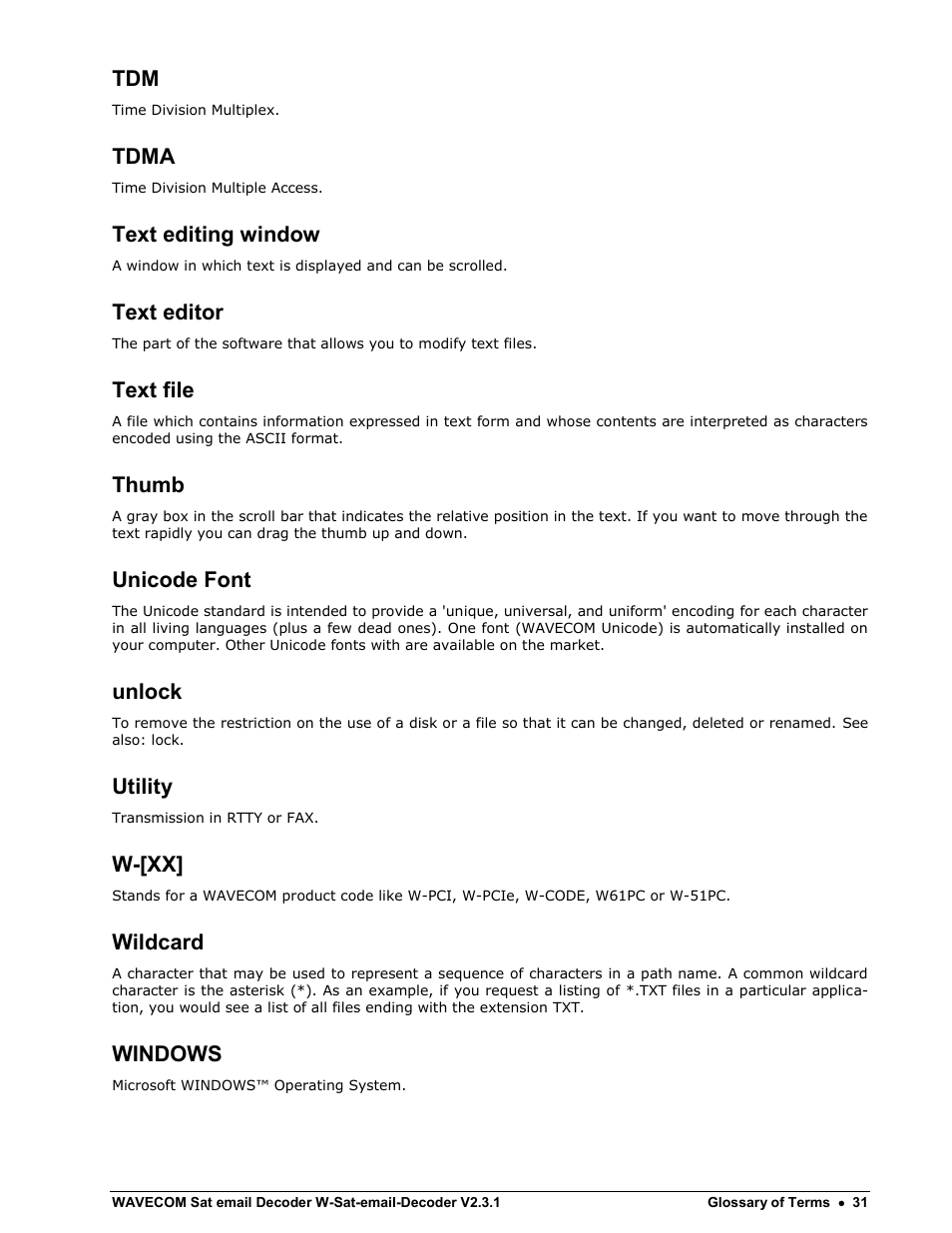 Tdma, Text editing window, Text editor | Text file, Thumb, Unicode font, Unlock, Utility, W-[xx, Wildcard | Wavecom W-Sat-email-Decoder V2.3.1 User Manual | Page 35 / 37