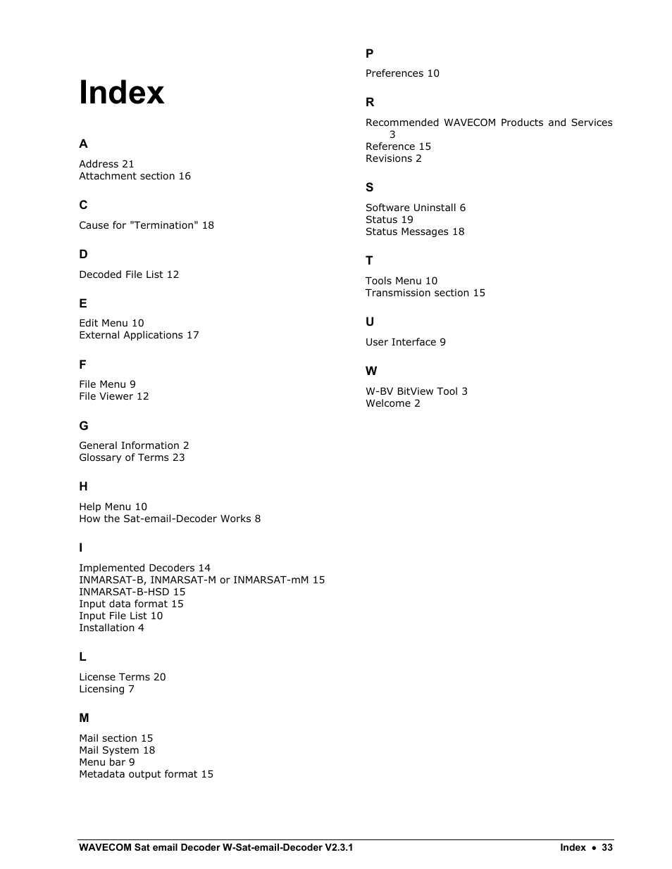 Index | Wavecom W-Sat-email-Decoder V2.3.1 User Manual | Page 37 / 37