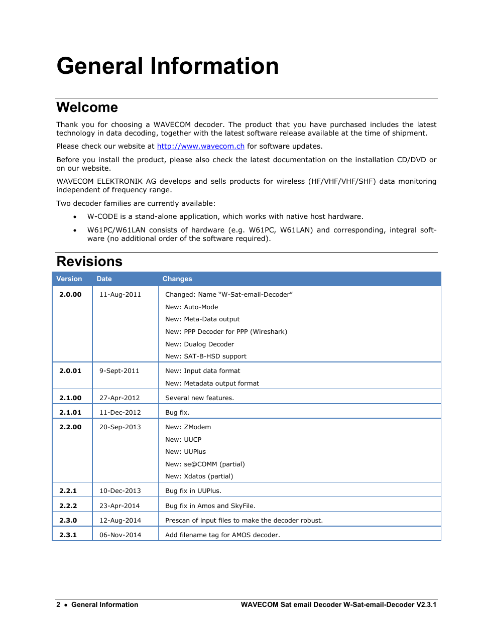 General information, Welcome, Revisions | Wavecom W-Sat-email-Decoder V2.3.1 User Manual | Page 6 / 37