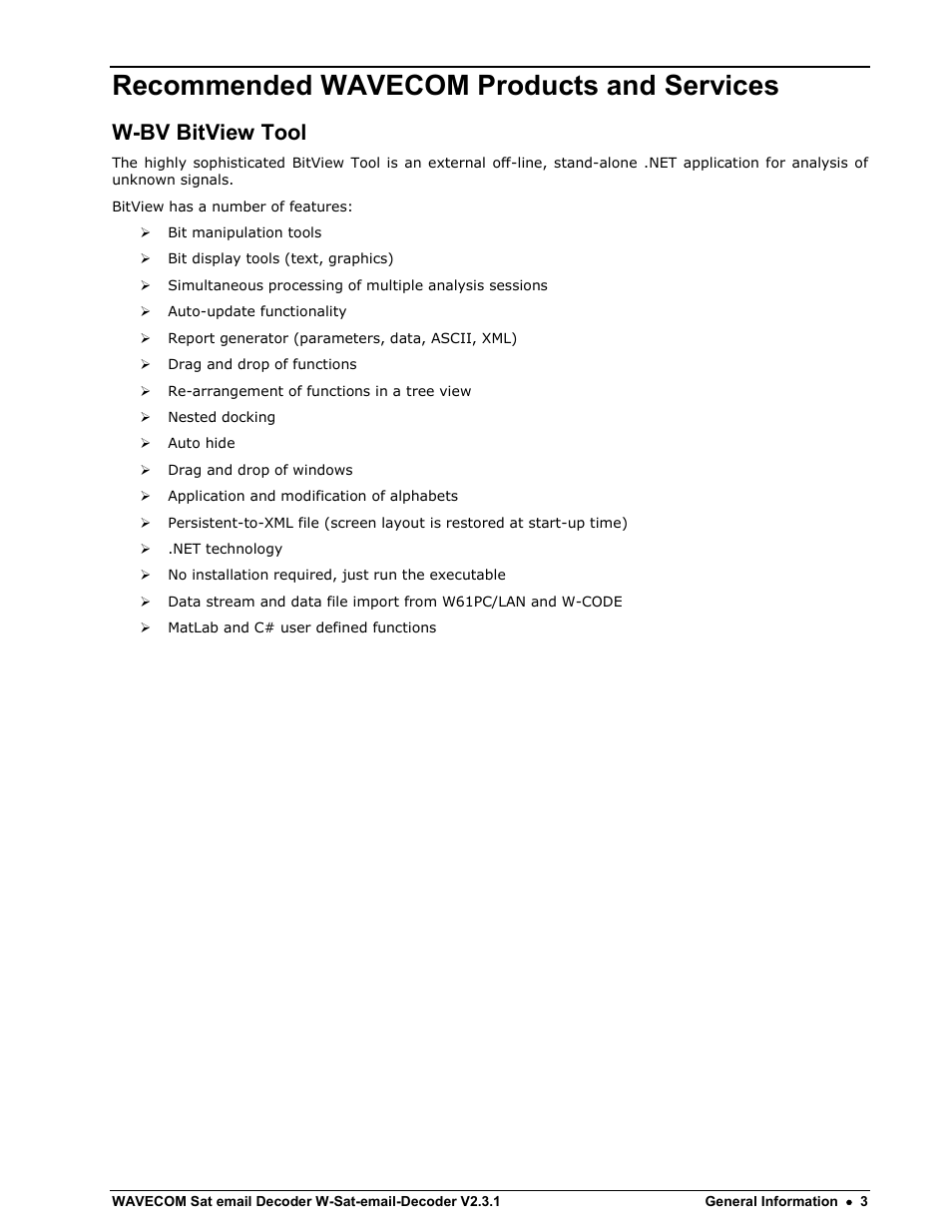Recommended wavecom products and services, W-bv bitview tool | Wavecom W-Sat-email-Decoder V2.3.1 User Manual | Page 7 / 37