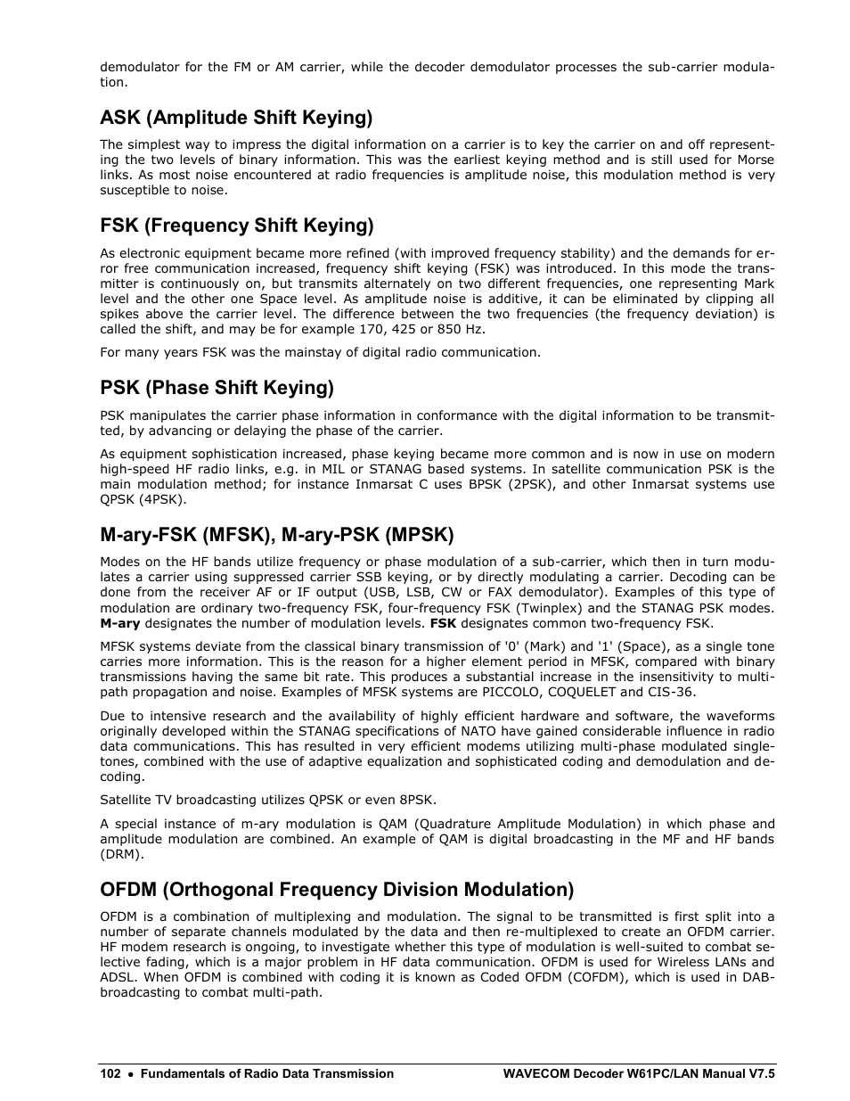 Ask (amplitude shift keying), Fsk (frequency shift keying), Psk (phase shift keying) | M-ary-fsk (mfsk), m-ary-psk (mpsk), Ofdm (orthogonal frequency division modulation) | Wavecom W61PC V7.5.0 User Manual | Page 112 / 353