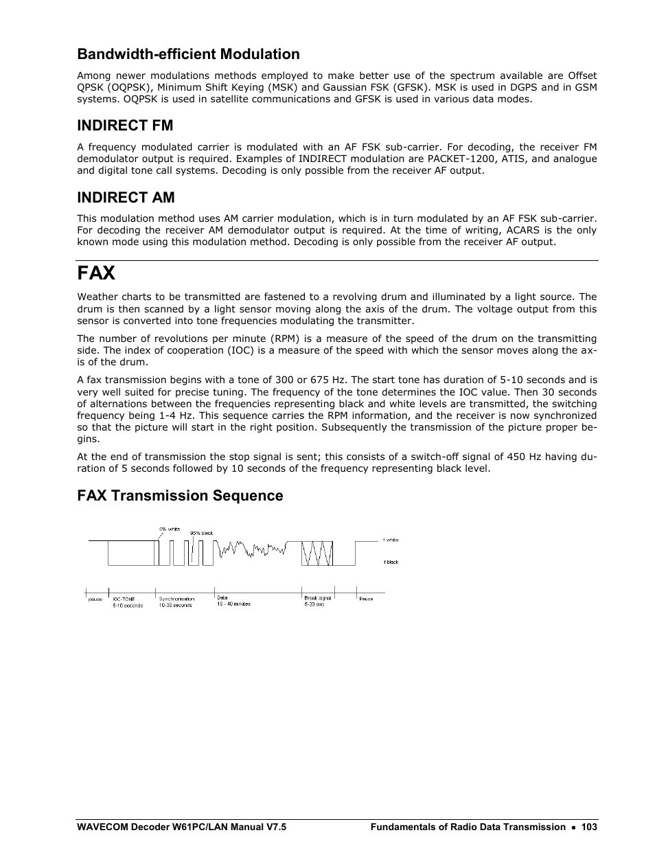 Bandwidth-efficient modulation, Indirect fm, Indirect am | Fax transmission sequence | Wavecom W61PC V7.5.0 User Manual | Page 113 / 353