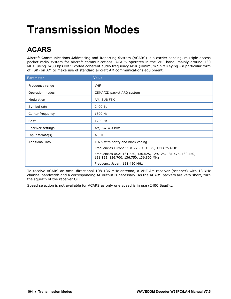 Transmission modes, Acars | Wavecom W61PC V7.5.0 User Manual | Page 114 / 353