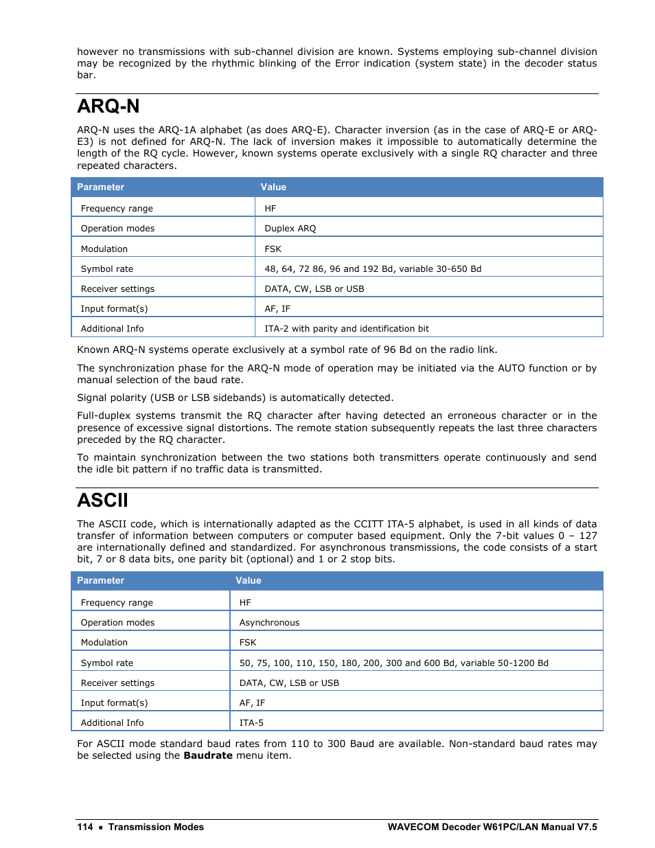 Arq-n, Ascii | Wavecom W61PC V7.5.0 User Manual | Page 124 / 353