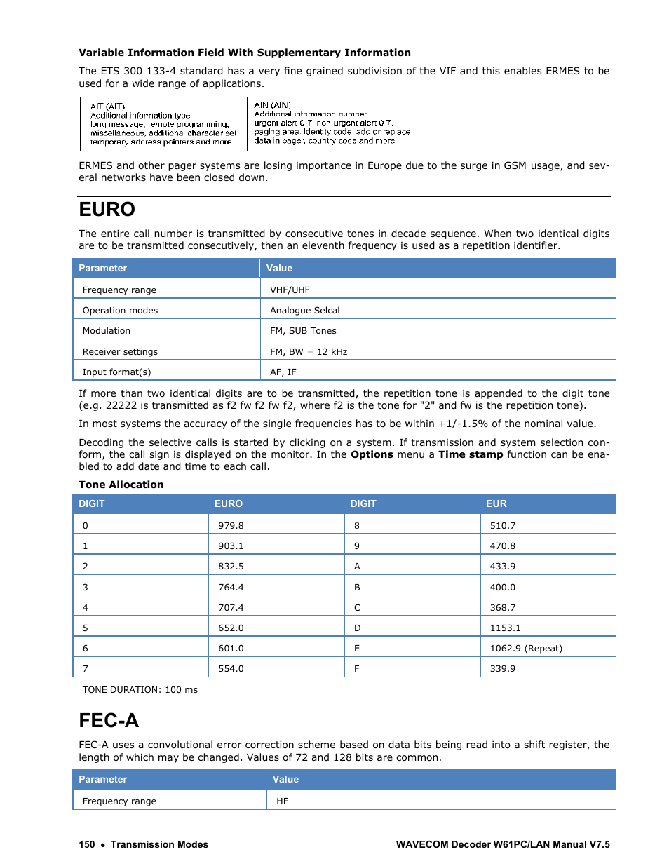 Euro, Fec-a | Wavecom W61PC V7.5.0 User Manual | Page 160 / 353