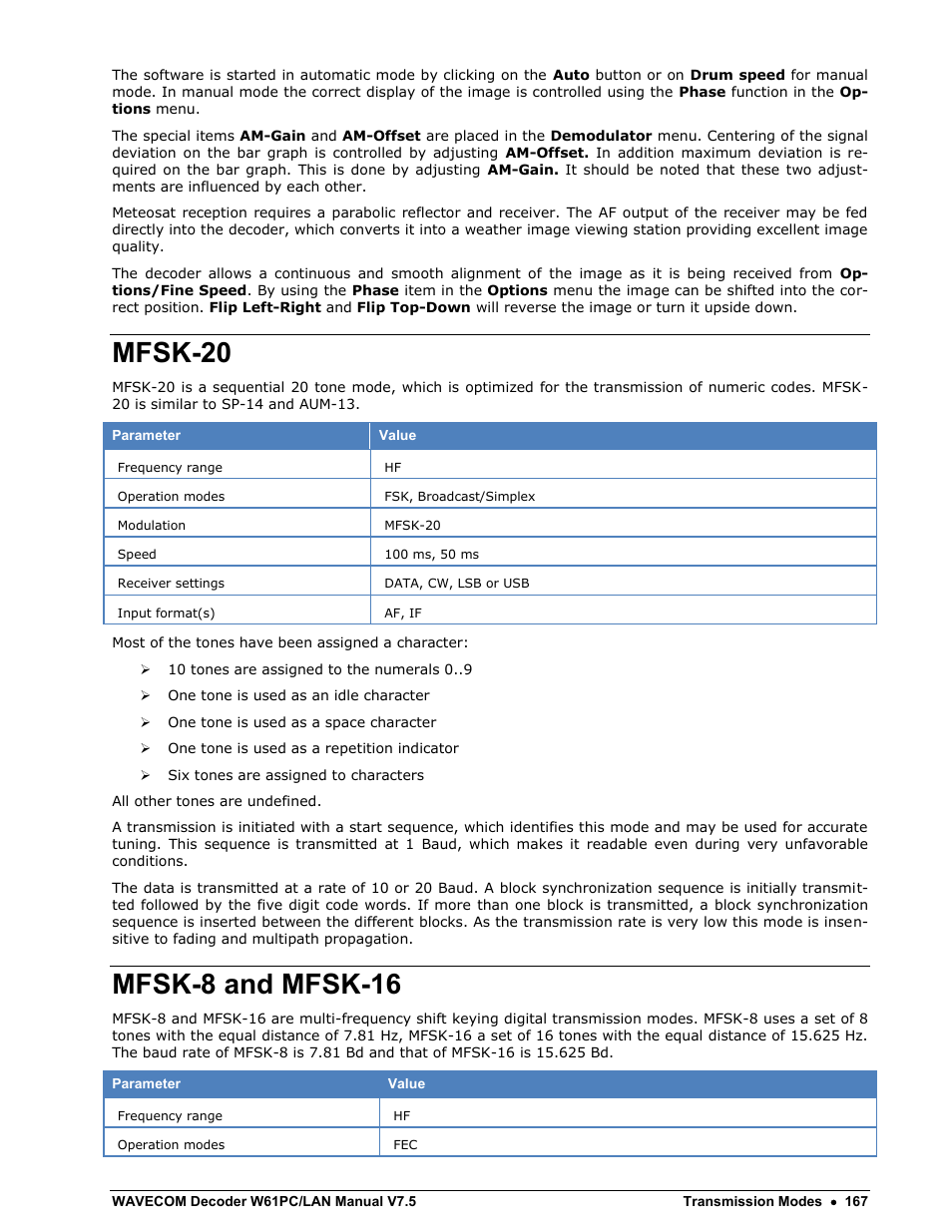 Mfsk-20, Mfsk-8 and mfsk-16 | Wavecom W61PC V7.5.0 User Manual | Page 177 / 353