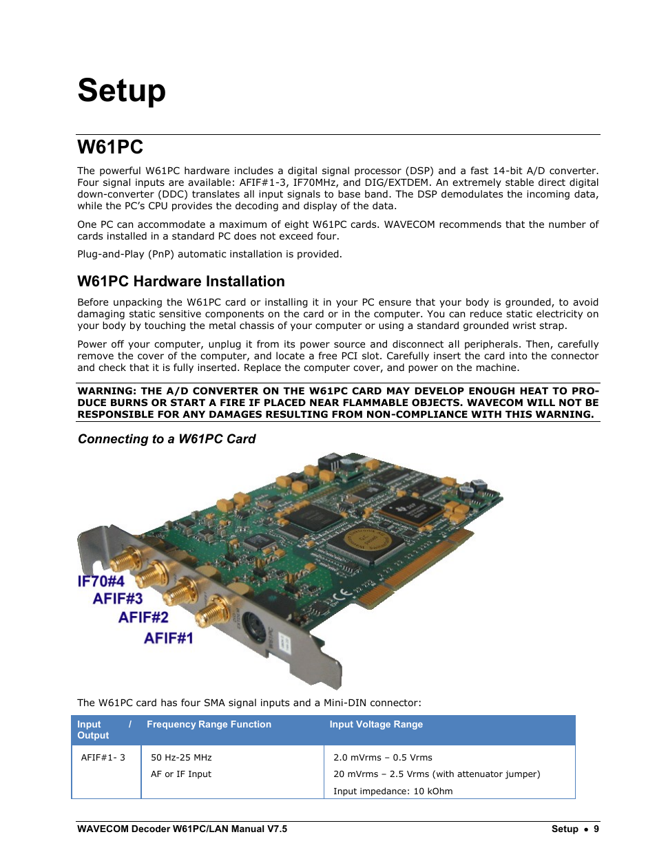 Setup, W61pc, W61pc hardware installation | Wavecom W61PC V7.5.0 User Manual | Page 19 / 353