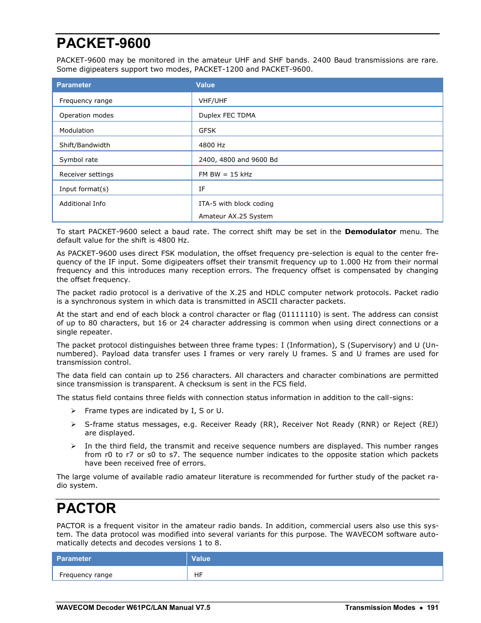 Packet-9600, Pactor | Wavecom W61PC V7.5.0 User Manual | Page 201 / 353