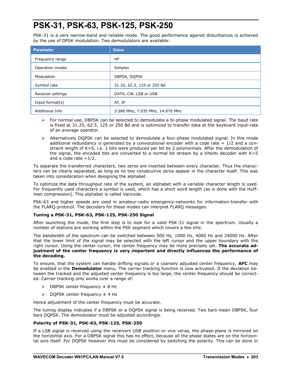 Psk-31, psk-63, psk-125, psk-250 | Wavecom W61PC V7.5.0 User Manual | Page 213 / 353