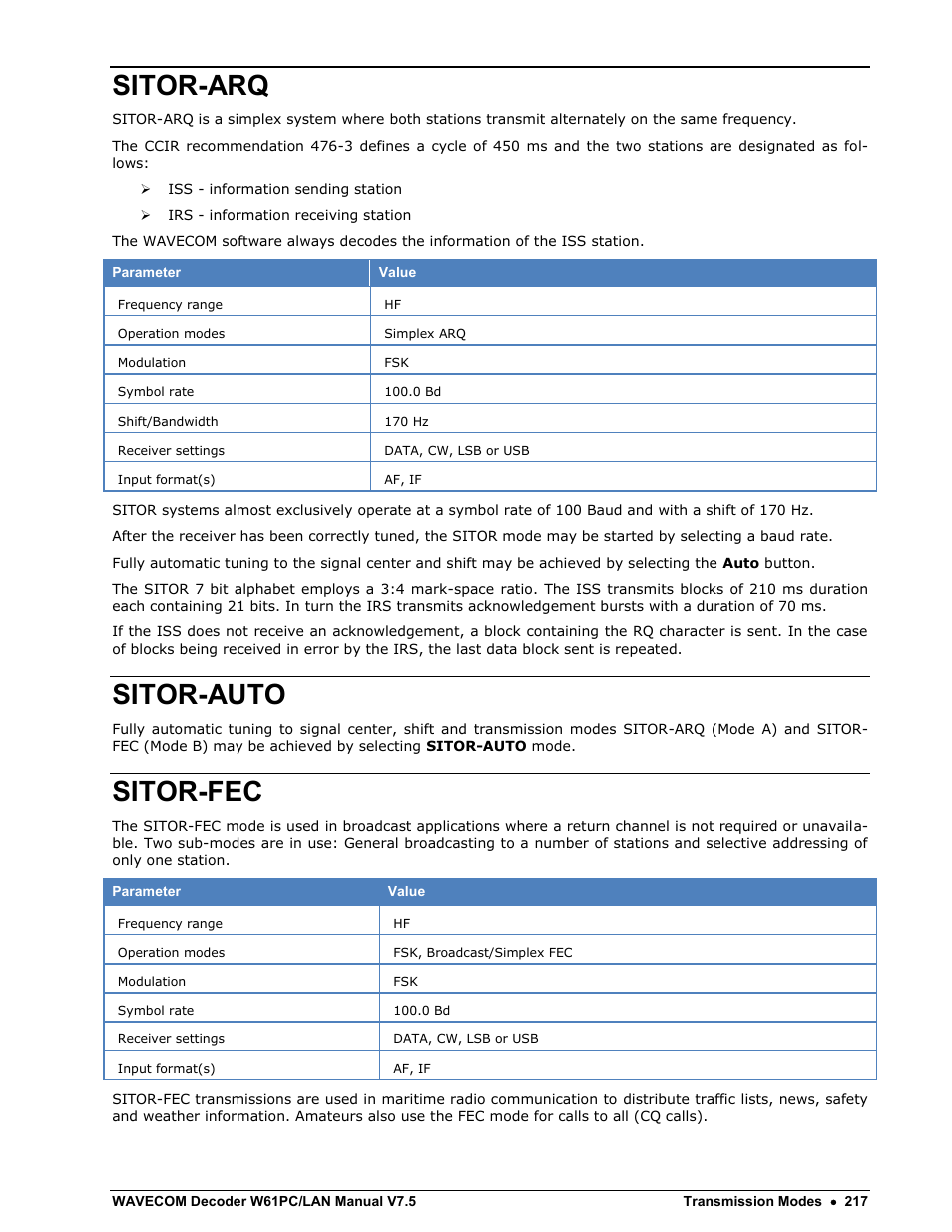Sitor-arq, Sitor-auto, Sitor-fec | Wavecom W61PC V7.5.0 User Manual | Page 227 / 353