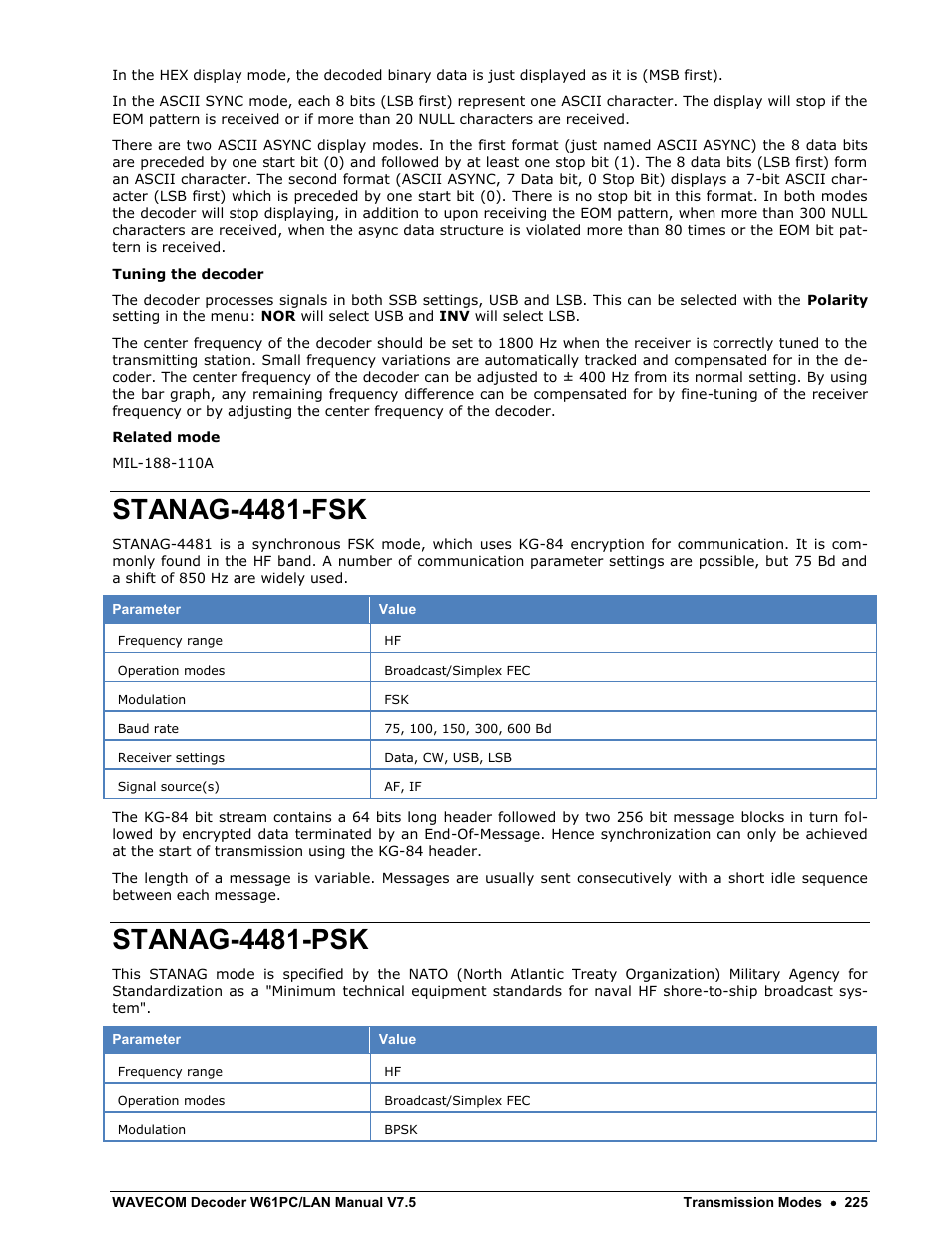 Stanag-4481-fsk, Stanag-4481-psk | Wavecom W61PC V7.5.0 User Manual | Page 235 / 353