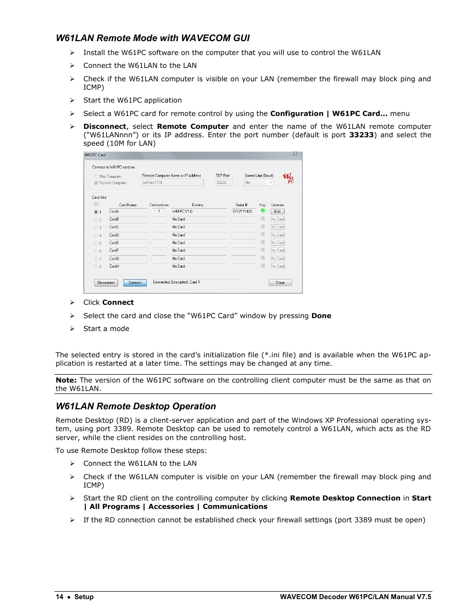 W61lan remote mode with wavecom gui, W61lan remote desktop operation | Wavecom W61PC V7.5.0 User Manual | Page 24 / 353