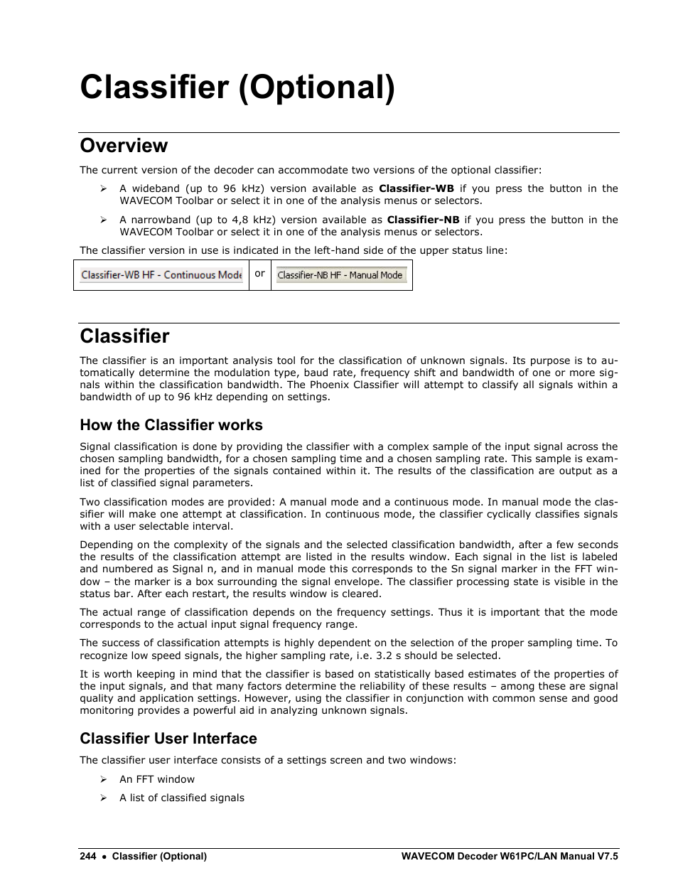 Classifier (optional), Overview, Classifier | How the classifier works, Classifier user interface | Wavecom W61PC V7.5.0 User Manual | Page 254 / 353