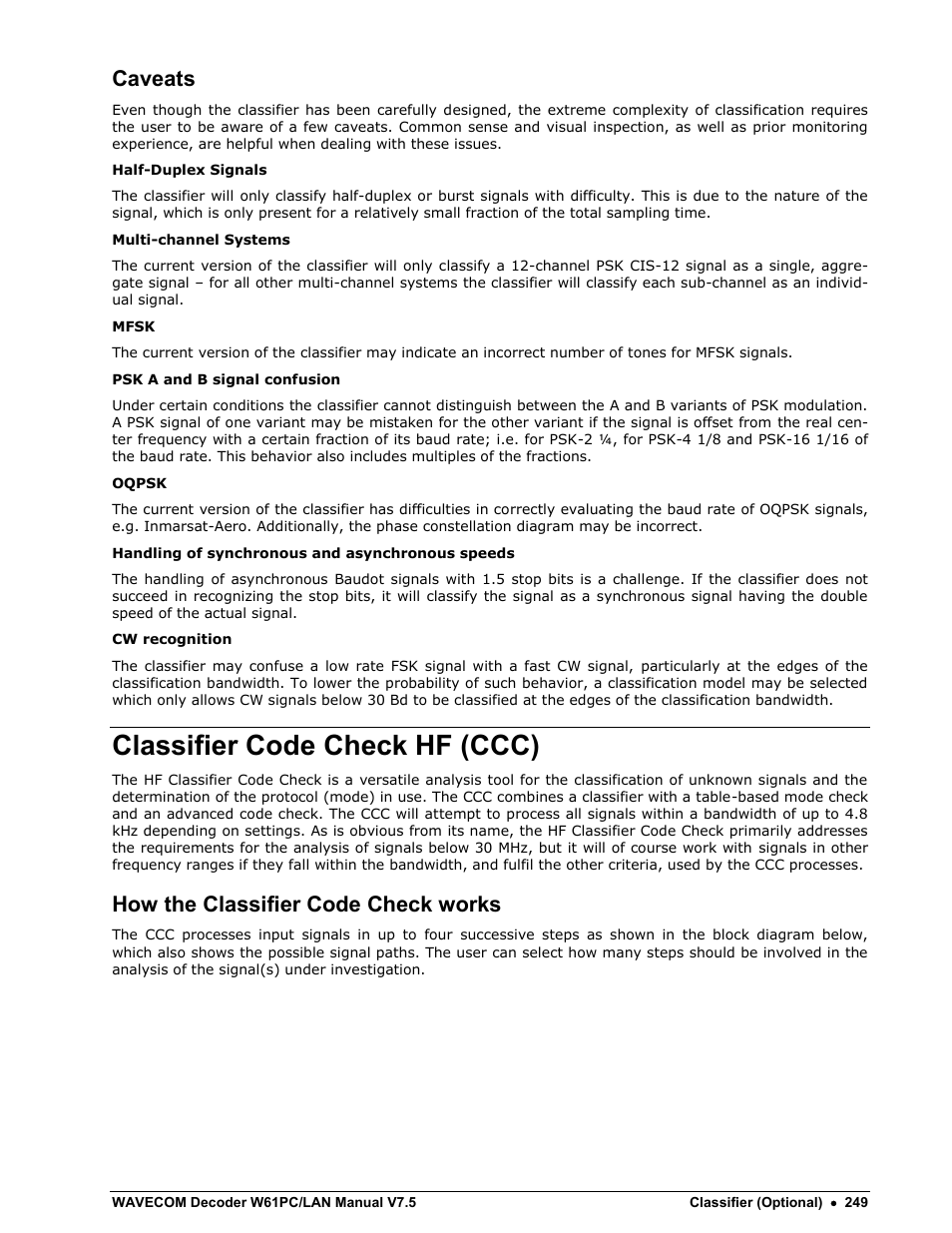 Caveats, Classifier code check hf (ccc), How the classifier code check works | Wavecom W61PC V7.5.0 User Manual | Page 259 / 353