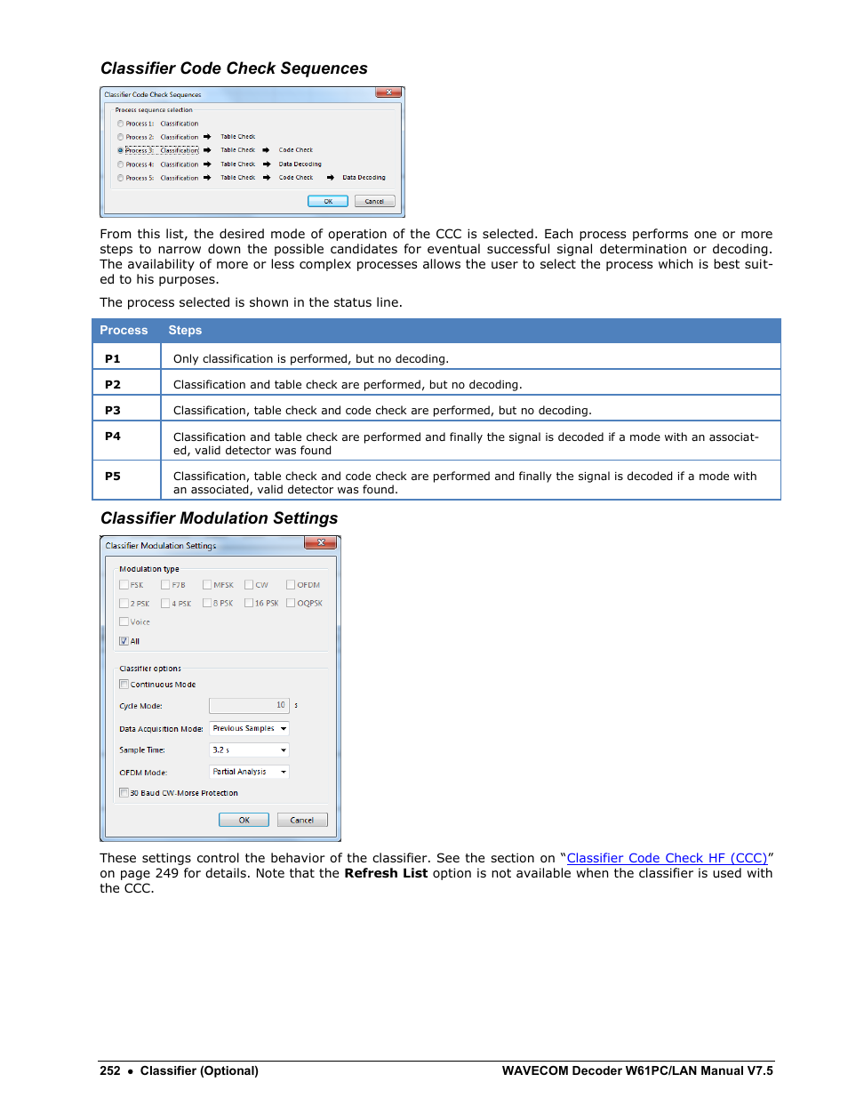 Classifier code check sequences, Classifier modulation settings | Wavecom W61PC V7.5.0 User Manual | Page 262 / 353