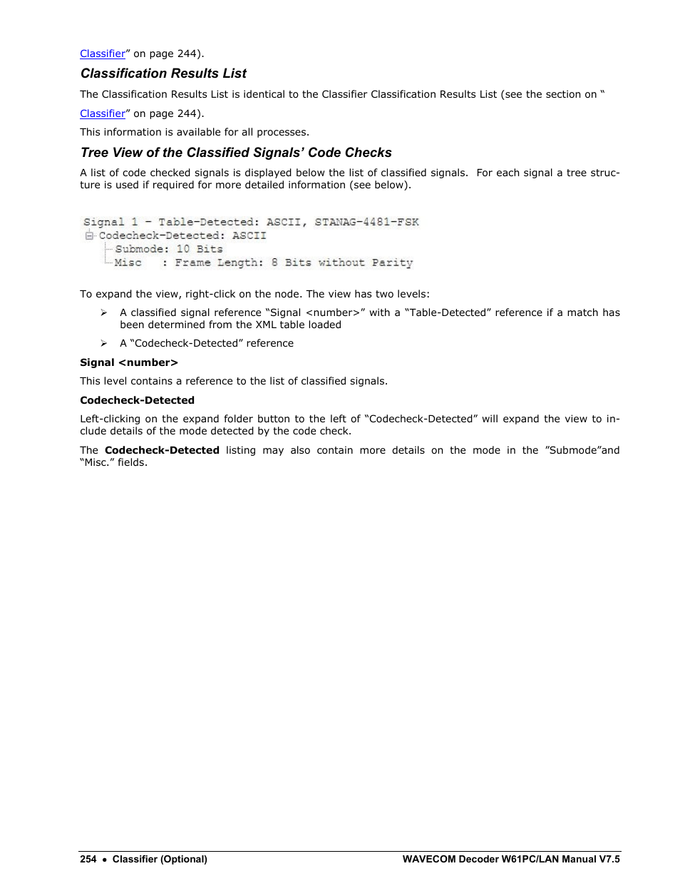 Classification results list, Tree view of the classified signals’ code checks | Wavecom W61PC V7.5.0 User Manual | Page 264 / 353