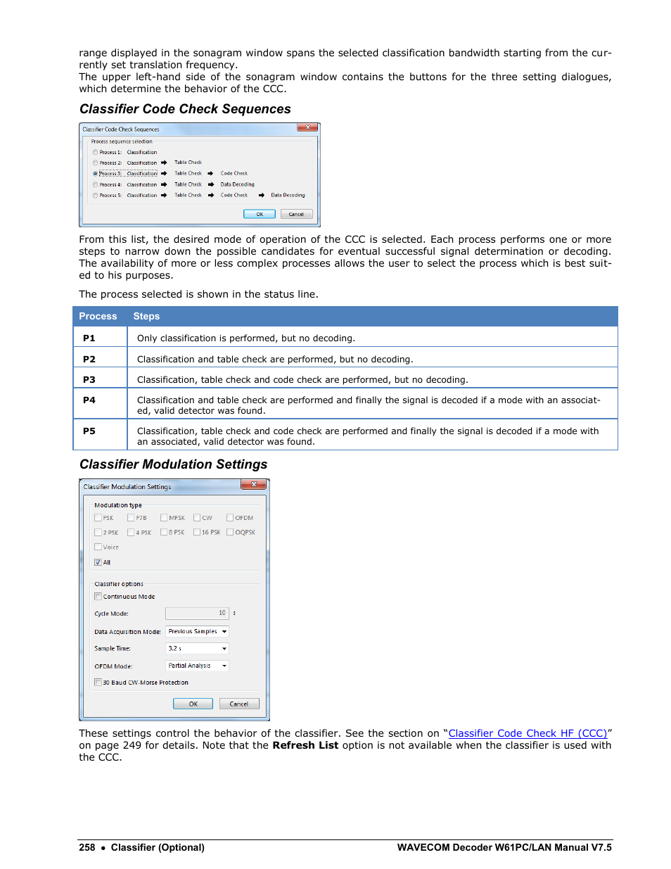 Classifier code check sequences, Classifier modulation settings | Wavecom W61PC V7.5.0 User Manual | Page 268 / 353