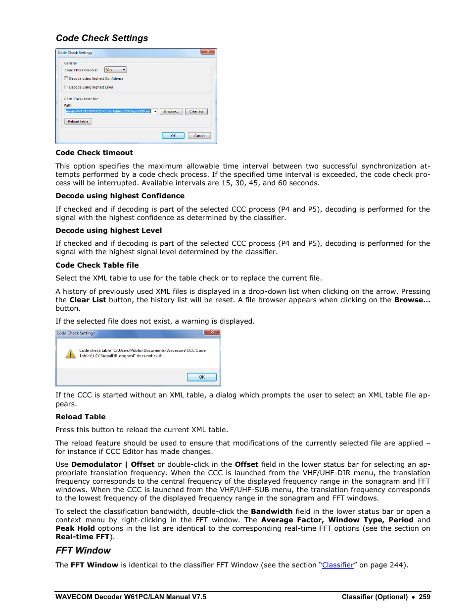 Code check settings, Fft window | Wavecom W61PC V7.5.0 User Manual | Page 269 / 353