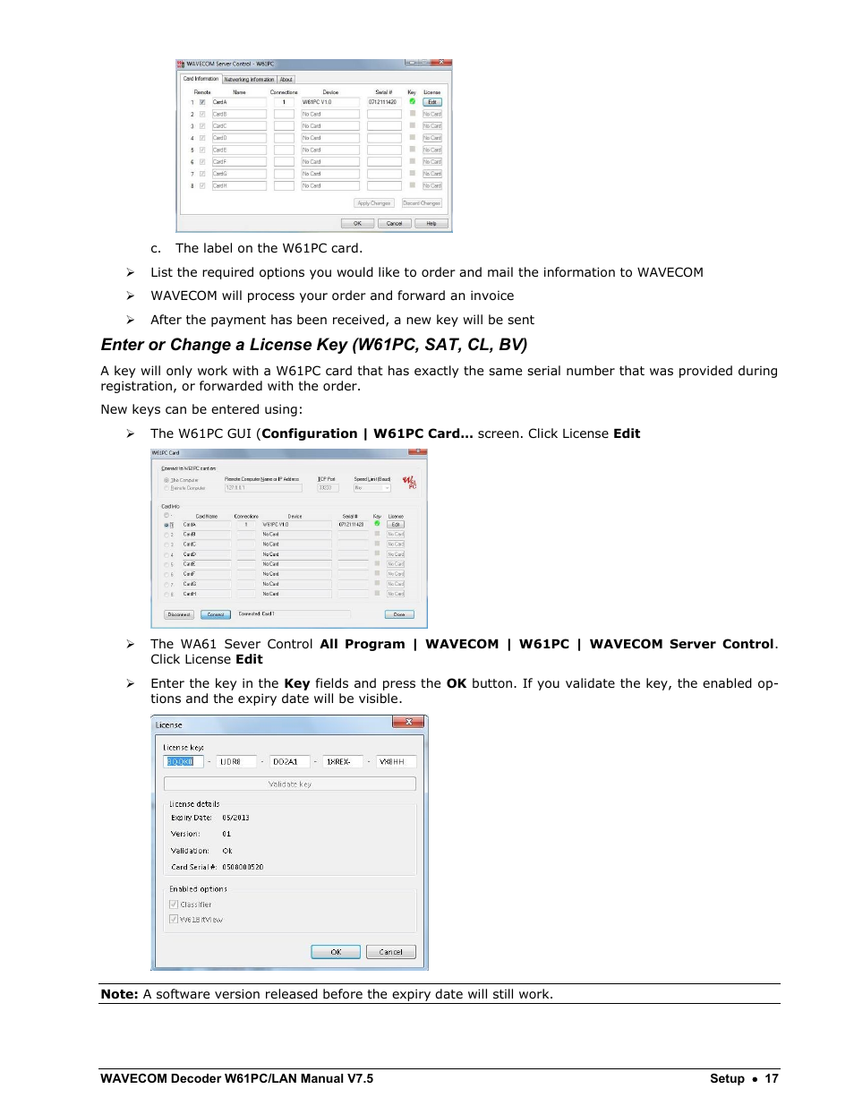 Enter or change a license key (w61pc, sat, cl, bv) | Wavecom W61PC V7.5.0 User Manual | Page 27 / 353