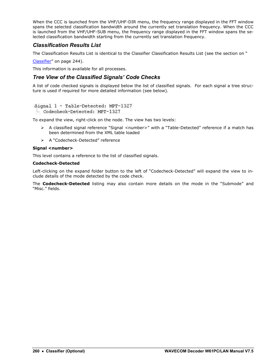 Classification results list, Tree view of the classified signals’ code checks | Wavecom W61PC V7.5.0 User Manual | Page 270 / 353