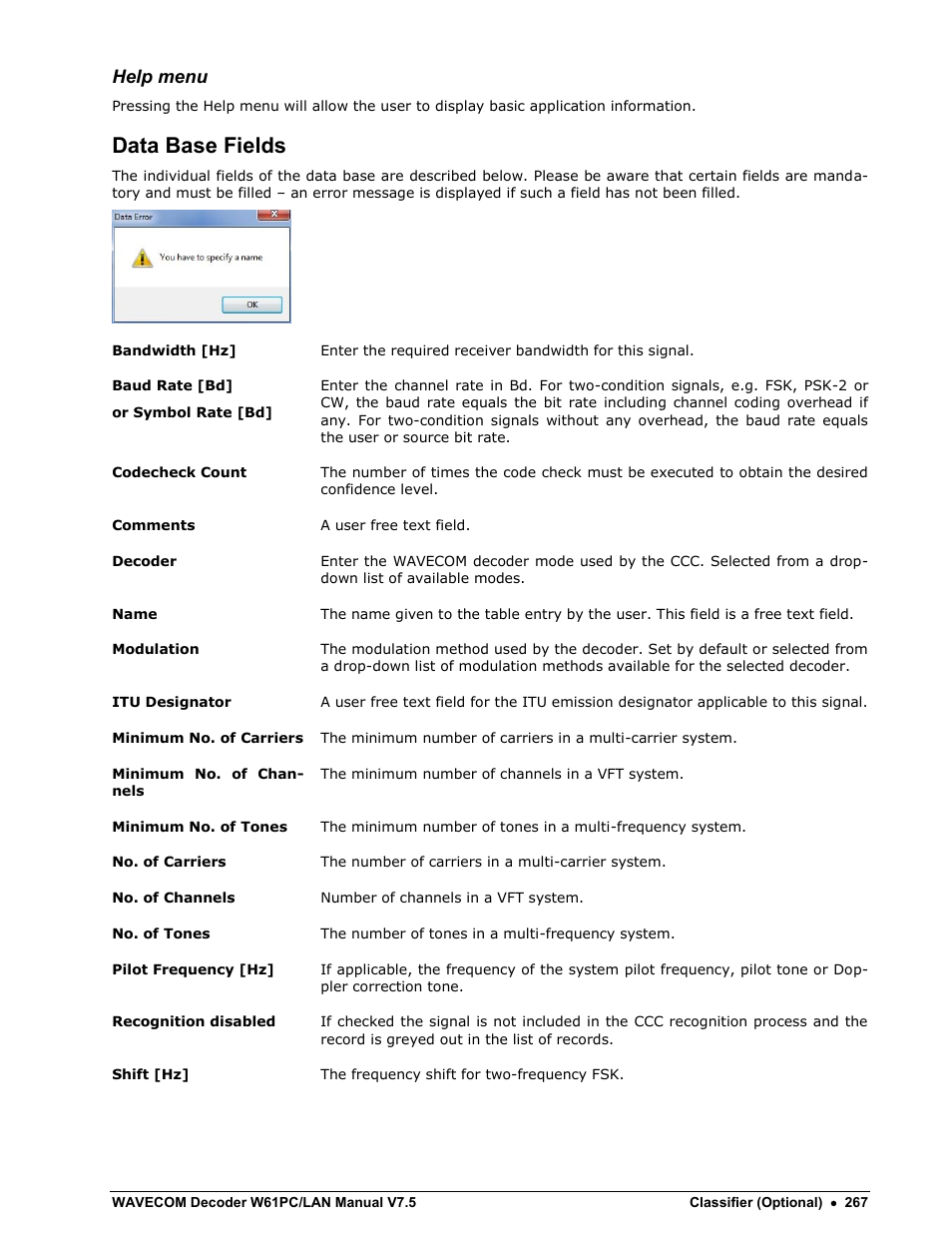 Data base fields, Help menu | Wavecom W61PC V7.5.0 User Manual | Page 277 / 353