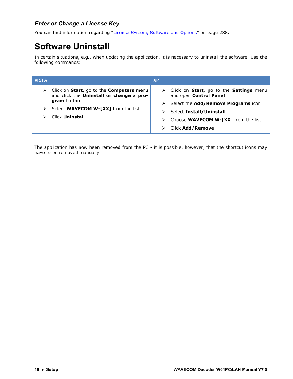 Software uninstall, Enter or change a license key | Wavecom W61PC V7.5.0 User Manual | Page 28 / 353