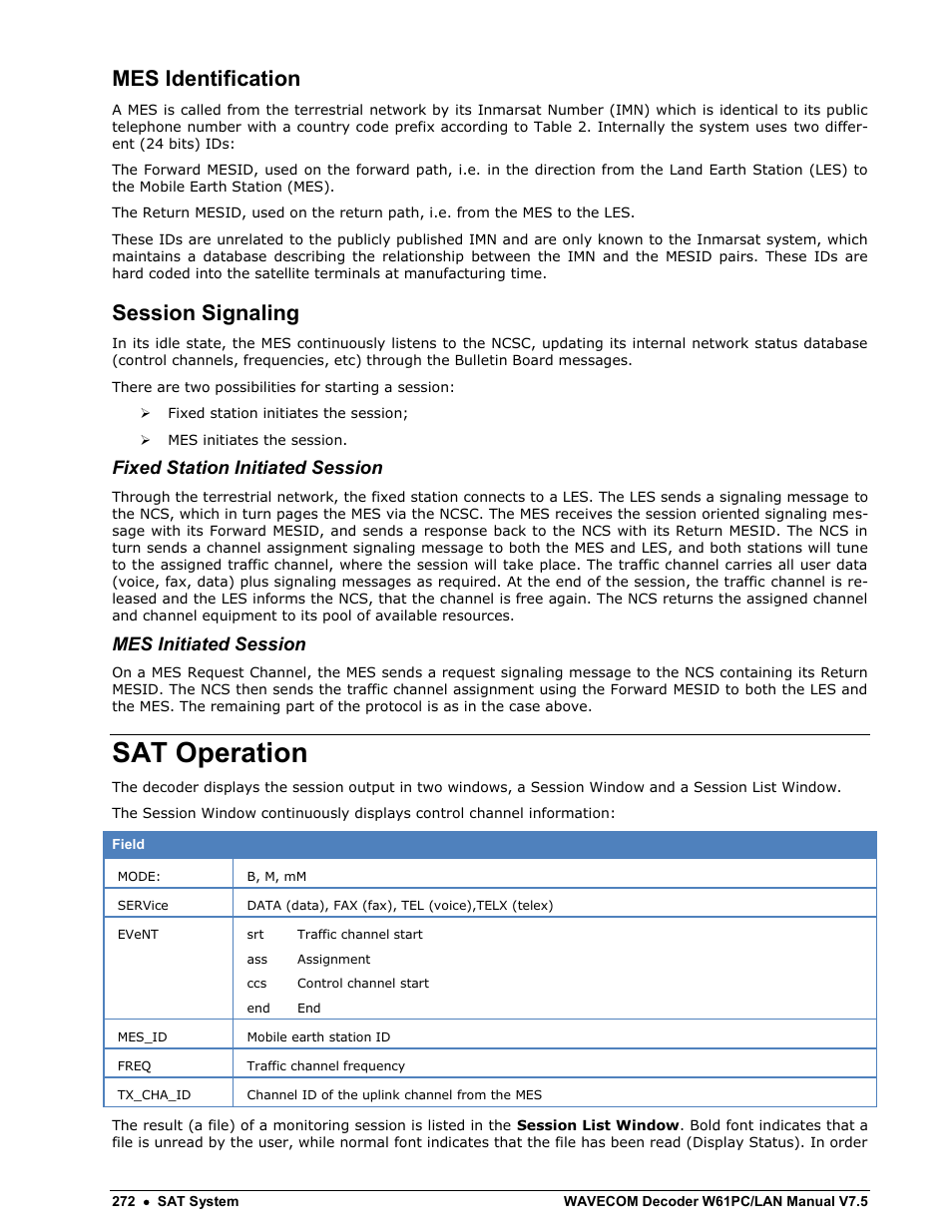 Mes identification, Session signaling, Sat operation | Fixed station initiated session, Mes initiated session | Wavecom W61PC V7.5.0 User Manual | Page 282 / 353