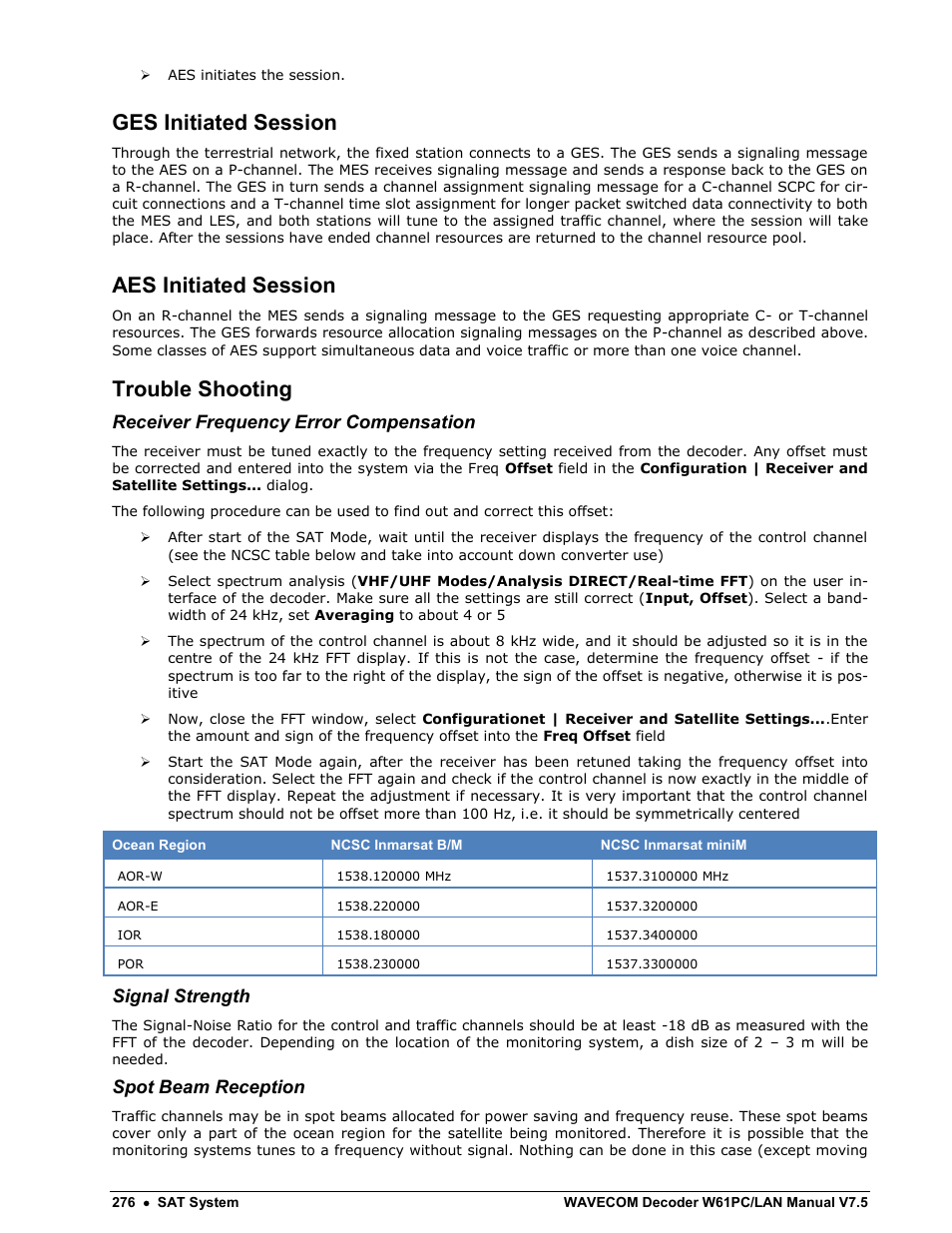 Trouble shooting, Ges initiated session, Aes initiated session | Receiver frequency error compensation, Signal strength, Spot beam reception | Wavecom W61PC V7.5.0 User Manual | Page 286 / 353