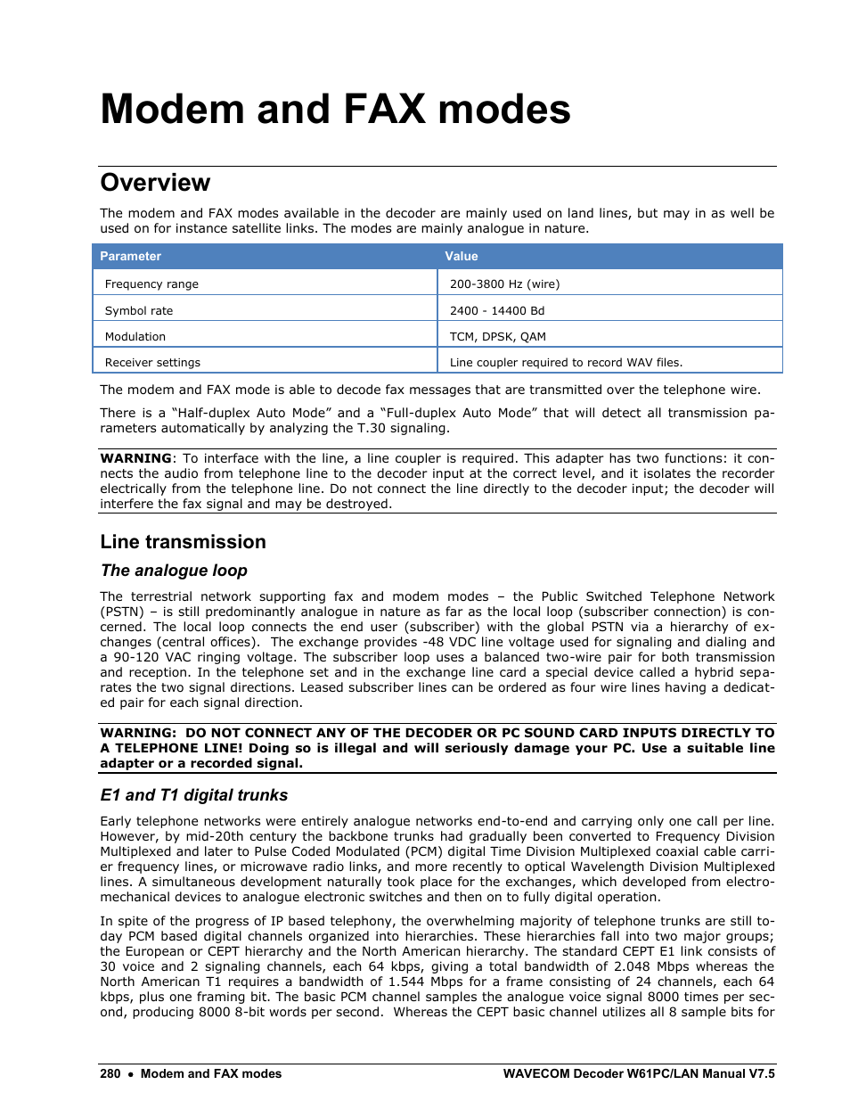 Modem and fax modes, Overview, Line transmission | Wavecom W61PC V7.5.0 User Manual | Page 290 / 353