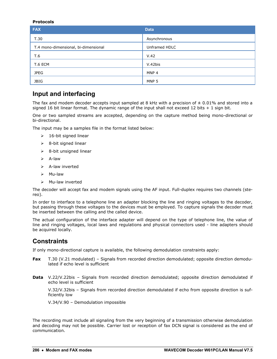 Input and interfacing, Constraints | Wavecom W61PC V7.5.0 User Manual | Page 296 / 353