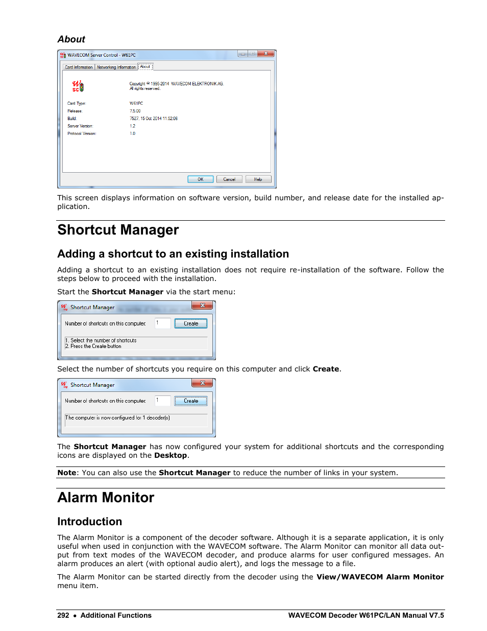 Shortcut manager, Adding a shortcut to an existing installation, Alarm monitor | Introduction | Wavecom W61PC V7.5.0 User Manual | Page 302 / 353