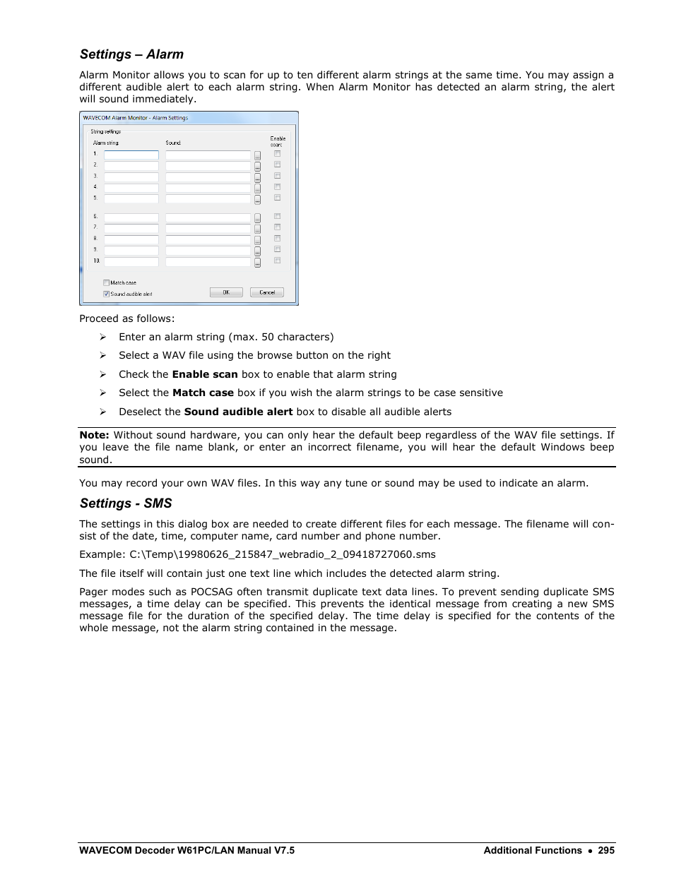 Settings – alarm, Settings - sms | Wavecom W61PC V7.5.0 User Manual | Page 305 / 353