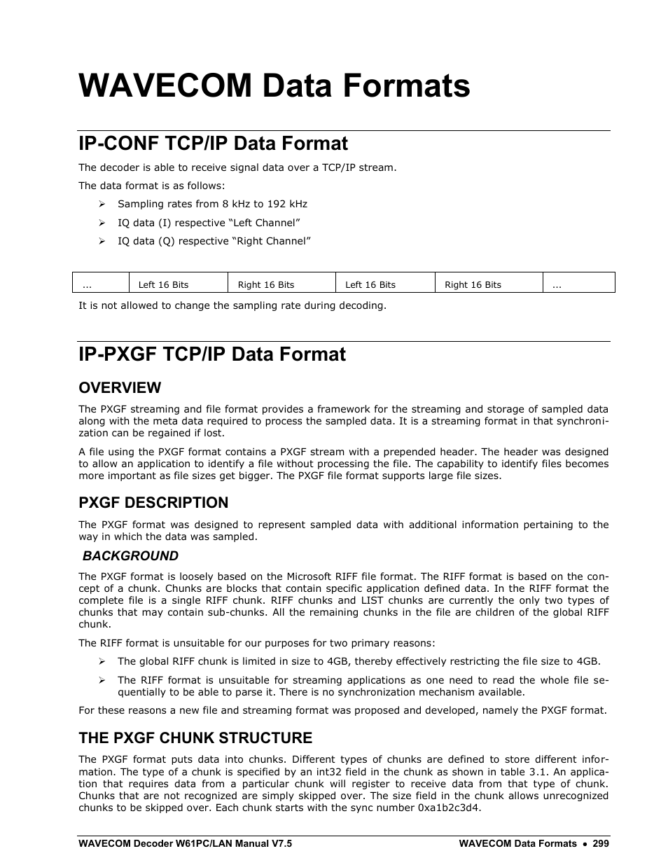 Wavecom data formats, Ip-conf tcp/ip data format, Ip-pxgf tcp/ip data format | Overview, Pxgf description, The pxgf chunk structure | Wavecom W61PC V7.5.0 User Manual | Page 309 / 353