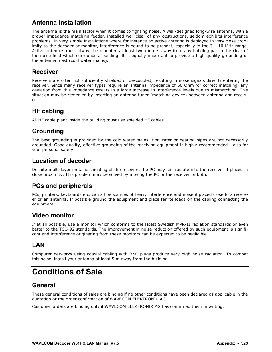 Antenna installation, Receiver, Hf cabling | Grounding, Location of decoder, Pcs and peripherals, Video monitor, Conditions of sale, General | Wavecom W61PC V7.5.0 User Manual | Page 333 / 353