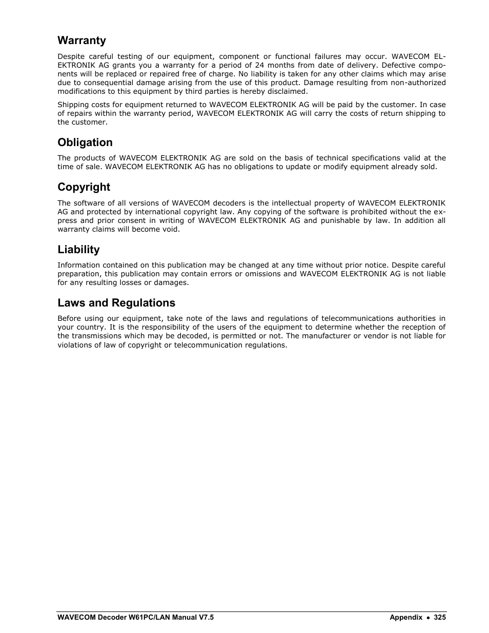 Warranty, Obligation, Copyright | Liability, Laws and regulations | Wavecom W61PC V7.5.0 User Manual | Page 335 / 353