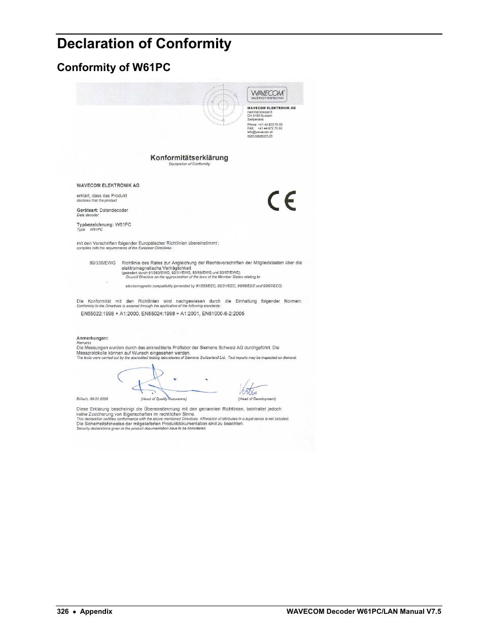 Declaration of conformity, Conformity of w61pc | Wavecom W61PC V7.5.0 User Manual | Page 336 / 353