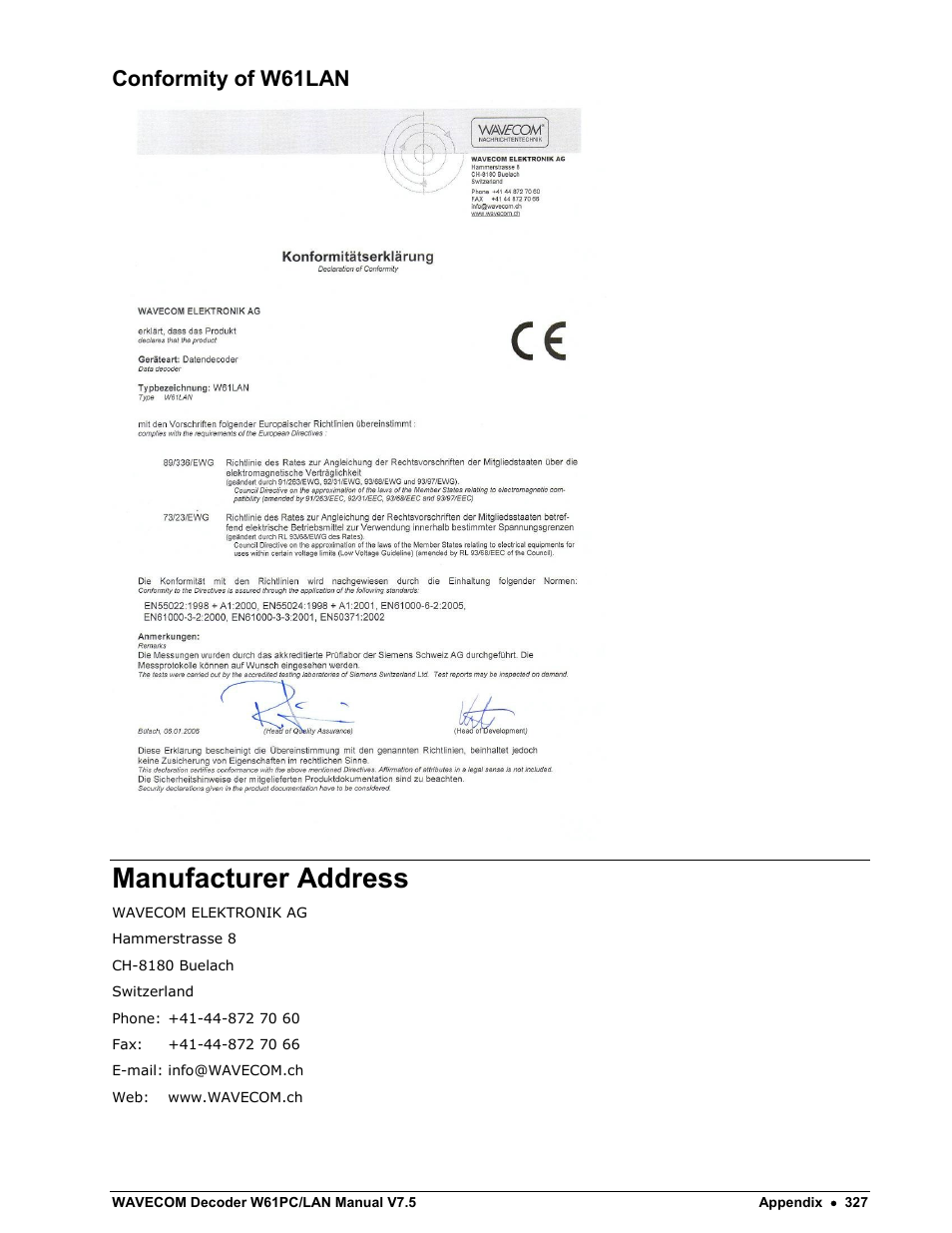 Conformity of w61lan, Manufacturer address | Wavecom W61PC V7.5.0 User Manual | Page 337 / 353