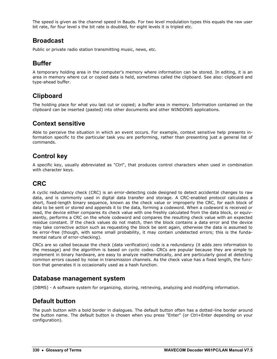 Broadcast, Buffer, Clipboard | Context sensitive, Control key, Database management system, Default button | Wavecom W61PC V7.5.0 User Manual | Page 340 / 353