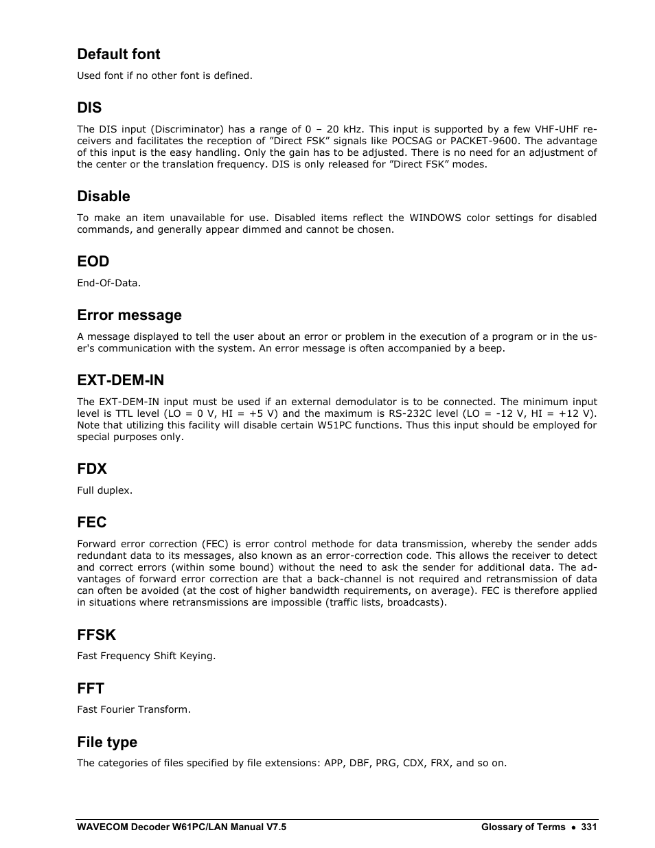 Default font, Disable, Error message | Ext-dem-in, Ffsk, File type | Wavecom W61PC V7.5.0 User Manual | Page 341 / 353