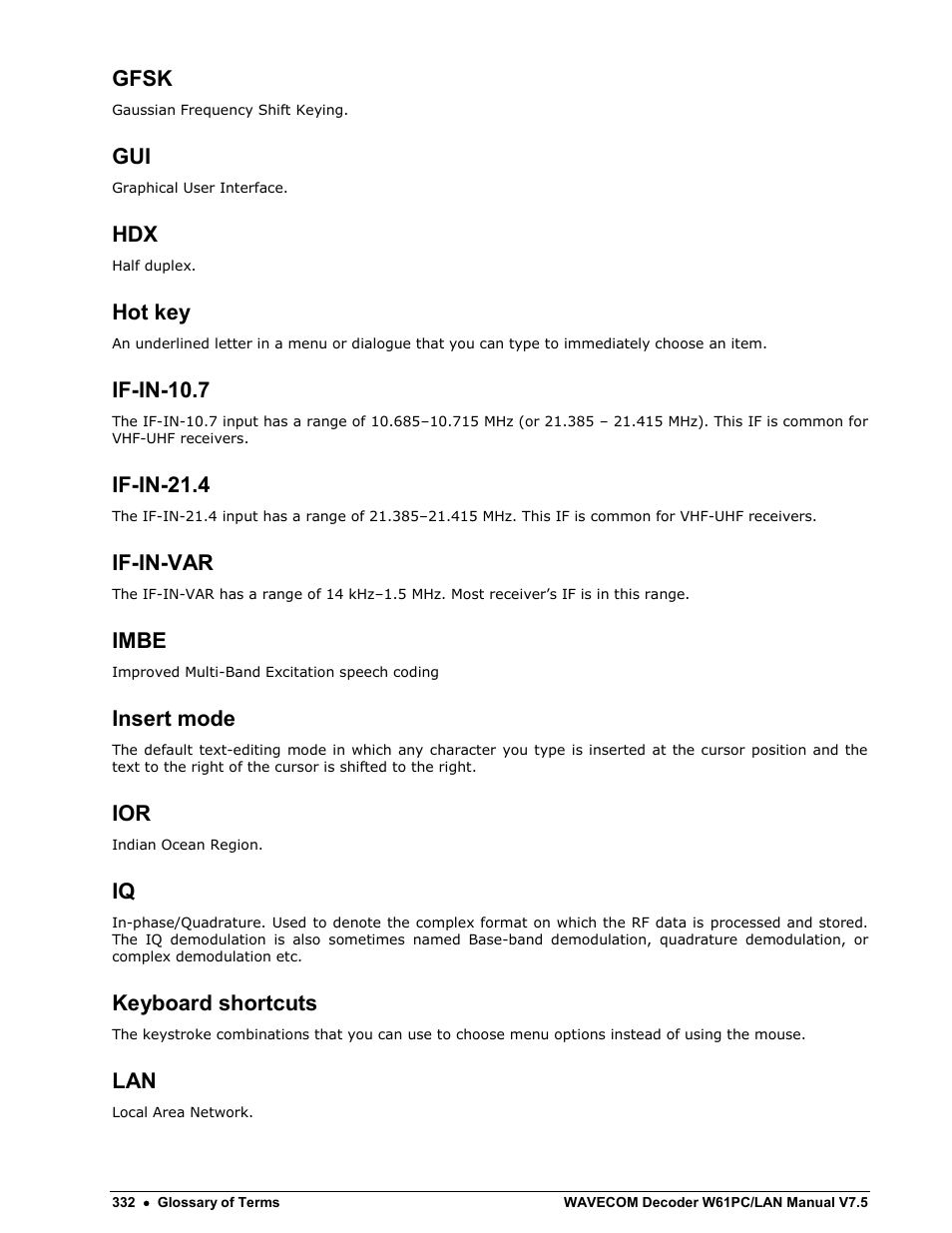 Gfsk, Hot key, If-in-10.7 | If-in-21.4, If-in-var, Imbe, Insert mode, Keyboard shortcuts | Wavecom W61PC V7.5.0 User Manual | Page 342 / 353