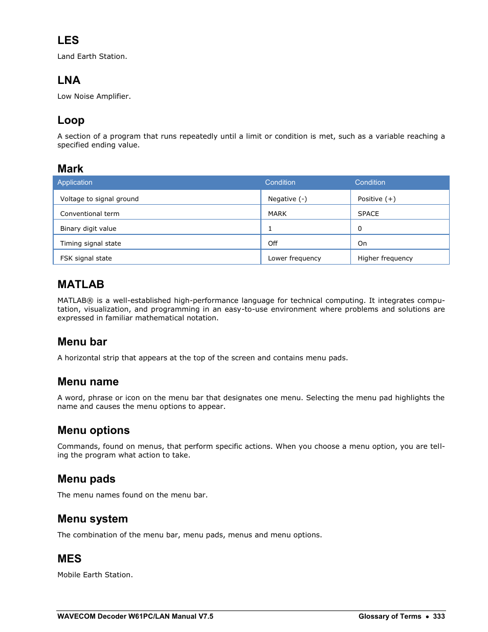 Loop, Mark, Matlab | Menu bar, Menu name, Menu options, Menu pads, Menu system | Wavecom W61PC V7.5.0 User Manual | Page 343 / 353