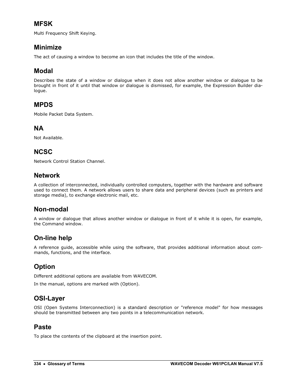 Mfsk, Minimize, Modal | Mpds, Ncsc, Network, Non-modal, On-line help, Option, Osi-layer | Wavecom W61PC V7.5.0 User Manual | Page 344 / 353