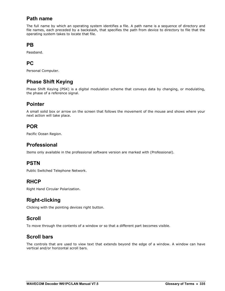 Path name, Phase shift keying, Pointer | Professional, Pstn, Rhcp, Right-clicking, Scroll, Scroll bars | Wavecom W61PC V7.5.0 User Manual | Page 345 / 353